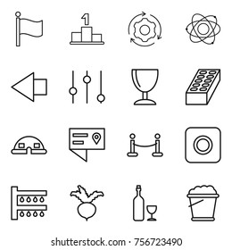 Thin line icon set : flag, pedestal, around gear, atom, left arrow, equalizer, wineglass, brick, dome house, location details, vip fence, ring button, watering, beet, wine, foam bucket