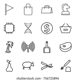 Thin line icon set : flag, shopping bag, chess horse, chip, dna, dollar coin, remove from basket, palm, wireless, scoop, steake, pear, sheep, pruner, toilet brush