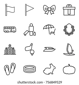Thin line icon set : flag, bow, hi quality package, bus, passenger, lounger, hawaiian wreath, hotel, golf, yacht, windsurfing, flip flops, inflatable pool, rabbit, pumpkin