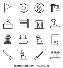 Thin line icon set : flag, gear, dollar coin, loading, crane, rack, detector, water tap, radiator, toaster, stands for knives, kitchen scales, big fork, knife holder, shovel, grain elevator