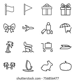 Thin line icon set : flag, gift, bow, plane, passenger, lounger, palm, aquapark, baggage trolley, yacht, hammock, windsurfing, rabbit, pumpkin