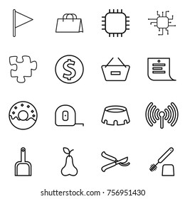 Thin line icon set : flag, shopping bag, chip, puzzle, dollar coin, remove from basket, list, donut, measuring tape, stadium, wireless, scoop, pear, pruner, toilet brush