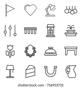 Thin line icon set : flag, heart, table lamp, sale, equalizer, bridge, building, fountain, perishable, hawaiian wreath, service bell, floor, cake, horseshoe, jug