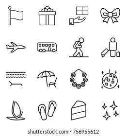 Thin line icon set : flag, gift, bow, plane, bus, tourist, passenger, lounger, hawaiian wreath, disco ball, windsurfing, flip flops, cake, shining