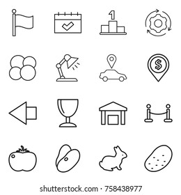 Thin line icon set : flag, calendar, pedestal, around gear, atom core, table lamp, car pointer, dollar pin, left arrow, wineglass, warehouse, vip fence, tomato, beans, rabbit, potato