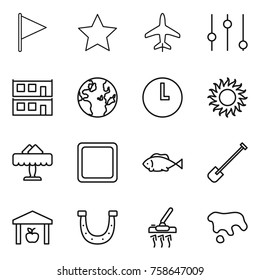 Thin line icon set : flag, star, plane, equalizer, modular house, globe, clock, sun, restaurant, cutting board, fish, shovel, warehouse, horseshoe, vacuum cleaner, spot