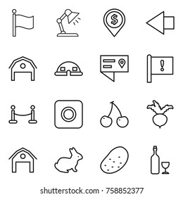 Thin line icon set : flag, table lamp, dollar pin, left arrow, barn, dome house, location details, important, vip fence, ring button, cherry, beet, rabbit, potato, wine