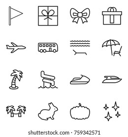 Thin line icon set : flag, gift, bow, hi quality package, plane, bus, lounger, palm, aquapark, jet ski, yacht, hammock, rabbit, pumpkin, shining