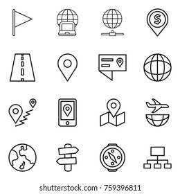 Thin line icon set : flag, notebook globe, connect, dollar pin, road, geo, location details, route, mobile, map, plane shipping, earth, signpost, compass, hierarchy