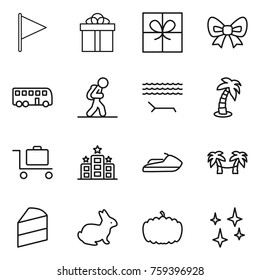 Thin line icon set : flag, gift, bow, bus, tourist, lounger, palm, baggage trolley, hotel, jet ski, hammock, cake, rabbit, pumpkin, shining