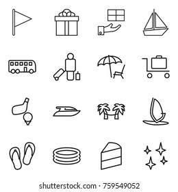 Thin line icon set : flag, gift, boat, bus, passenger, lounger, baggage trolley, golf, yacht, palm hammock, windsurfing, flip flops, inflatable pool, cake, shining