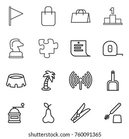 Thin line icon set : flag, shopping bag, pedestal, chess horse, puzzle, list, measuring tape, stadium, palm, wireless, scoop, hand mill, pear, clothespin, toilet brush