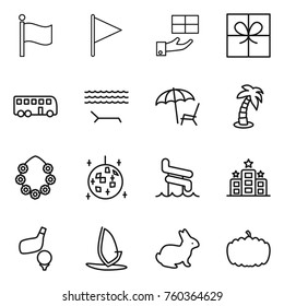 Thin line icon set : flag, gift, bus, lounger, palm, hawaiian wreath, disco ball, aquapark, hotel, golf, windsurfing, rabbit, pumpkin
