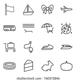 Thin line icon set : flag, boat, bow, plane, bus, lounger, disco ball, baggage trolley, golf, jet ski, yacht, inflatable pool, cake, rabbit, pumpkin