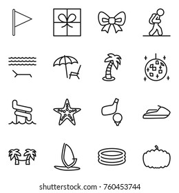 Thin line icon set : flag, gift, bow, tourist, lounger, palm, disco ball, aquapark, starfish, golf, jet ski, hammock, windsurfing, inflatable pool, pumpkin
