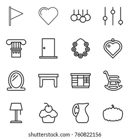 Thin line icon set : flag, heart, sale, equalizer, column, door, hawaiian wreath, pendant, mirror, table, wardrobe, rocking chair, floor lamp, cupcake, jug, pumpkin