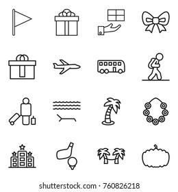 Thin line icon set : flag, gift, bow, hi quality package, plane, bus, tourist, passenger, lounger, palm, hawaiian wreath, hotel, golf, hammock, pumpkin
