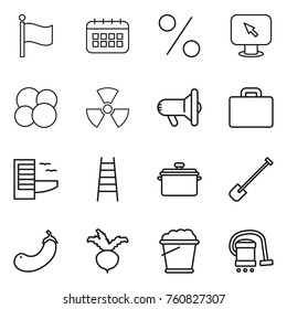 Thin line icon set : flag, calendar, percent, monitor arrow, atom core, nuclear, megafon, suitcase, hotel, stairs, pan, shovel, eggplant, beet, foam bucket, vacuum cleaner