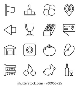 Thin line icon set : flag, pedestal, atom core, dollar pin, left arrow, wineglass, brick, location details, warehouse, ring button, tomato, beans, watering, cherry, rabbit, wine
