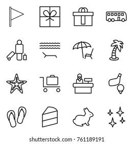 Thin line icon set : flag, gift, hi quality package, bus, passenger, lounger, palm, starfish, baggage trolley, reception, golf, flip flops, cake, rabbit, shining