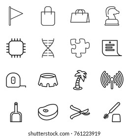 Thin line icon set : flag, shopping bag, chess horse, chip, dna, puzzle, list, measuring tape, stadium, palm, wireless, scoop, steake, pruner, toilet brush