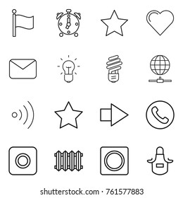 Thin line icon set : flag, alarm clock, star, heart, mail, bulb, globe connect, wireless, right arrow, phone, ring button, radiator, apron