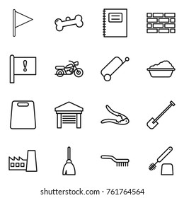 Thin line icon set : flag, bone, copybook, brick wall, important, motorcycle, suitcase, washing, cutting board, garage, walnut crack, shovel, factory, broom, brush, toilet