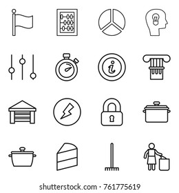 Thin line icon set : flag, abacus, diagram, bulb head, equalizer, stopwatch, info, column, garage, electricity, locked, pan, cake, rake, garbage bin