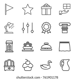 Thin line icon set : flag, star, gift, table lamp, equalizer, medal, column, building, flower bed, service bell, curtain, dresser, cupcake, goose, jug