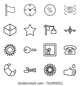 Thin line icon set : flag, clock, percent, eye identity, box, star, loading, plane, sun, key, flower in window, phone, croissant, scissors, hand drop