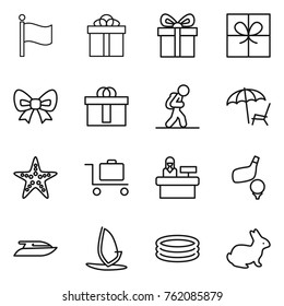 Thin line icon set : flag, gift, bow, hi quality package, tourist, lounger, starfish, baggage trolley, reception, golf, yacht, windsurfing, inflatable pool, rabbit