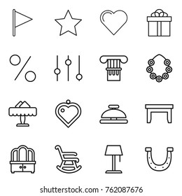 Thin line icon set : flag, star, heart, gift, percent, equalizer, column, hawaiian wreath, restaurant, pendant, service bell, table, dresser, rocking chair, floor lamp, horseshoe