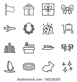 Thin line icon set : flag, gift, bow, plane, hawaiian wreath, disco ball, baggage trolley, hotel, reception, yacht, palm hammock, windsurfing, inflatable pool, rabbit, shining