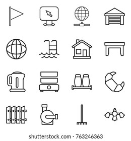 Thin line icon set : flag, monitor arrow, globe connect, garage, pool, home, table, kettle, double boiler, salt pepper, croissant, fence, water pump, rake, hard reach place cleaning