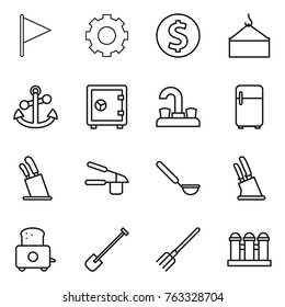 Thin line icon set : flag, gear, dollar coin, loading crane, anchor, safe, water tap, fridge, stands for knives, garlic clasp, ladle, knife holder, toaster, shovel, fork, grain elevator