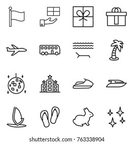 Thin line icon set : flag, gift, hi quality package, plane, bus, lounger, palm, disco ball, hotel, jet ski, yacht, windsurfing, flip flops, rabbit, shining