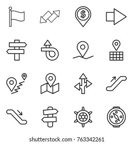 Thin line icon set : flag, up down arrow, dollar pin, right, singlepost, trip, geo, map, route, escalator, signpost, handwheel, compass