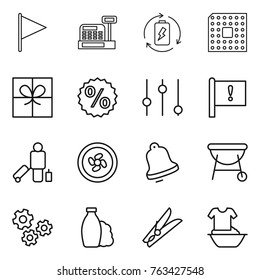 Thin line icon set : flag, cashbox, battery charge, cpu, gift, percent, equalizer, important, passenger, cooler fan, bell, bbq, gears, shampoo, clothespin, handle washing
