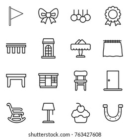 Thin line icon set : flag, bow, sale, medal, bridge, building, restaurant, curtain, table, wardrobe, chair, door, rocking, floor lamp, cupcake, horseshoe