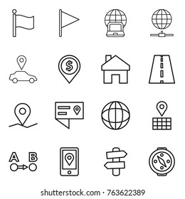 Thin line icon set : flag, notebook globe, connect, car pointer, dollar pin, home, road, geo, location details, map, route a to b, mobile, signpost, compass