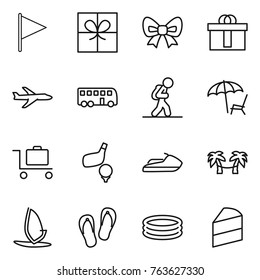 Thin line icon set : flag, gift, bow, hi quality package, plane, bus, tourist, lounger, baggage trolley, golf, jet ski, palm hammock, windsurfing, flip flops, inflatable pool, cake