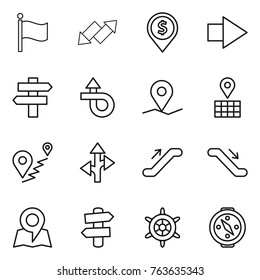 Thin line icon set : flag, up down arrow, dollar pin, right, singlepost, trip, geo, map, route, escalator, signpost, handwheel, compass