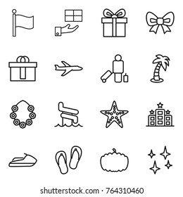 Thin line icon set : flag, gift, bow, hi quality package, plane, passenger, palm, hawaiian wreath, aquapark, starfish, hotel, jet ski, flip flops, pumpkin, shining