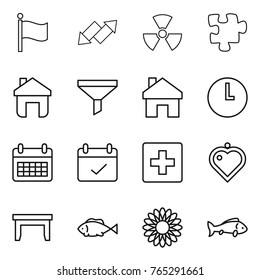 Thin line icon set : flag, up down arrow, nuclear, puzzle, home, funnel, clock, calendar, terms, first aid, heart pendant, table, fish, flower