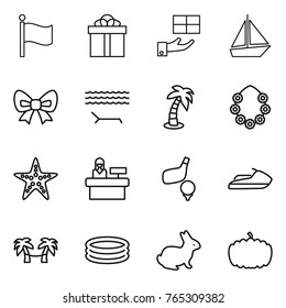 Thin line icon set : flag, gift, boat, bow, lounger, palm, hawaiian wreath, starfish, reception, golf, jet ski, hammock, inflatable pool, rabbit, pumpkin