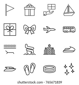 Thin line icon set : flag, gift, boat, bow, plane, bus, lounger, aquapark, hotel, jet ski, yacht, flip flops, inflatable pool, shining