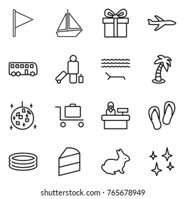 Thin line icon set : flag, boat, gift, plane, bus, passenger, lounger, palm, disco ball, baggage trolley, reception, flip flops, inflatable pool, cake, rabbit, shining