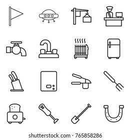 Thin line icon set : flag, ufo, loading, customs control, water tap, radiator, fridge, stands for knives, kitchen scales, garlic clasp, big fork, toaster, blender, shovel, horseshoe