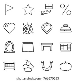 Thin line icon set : flag, star, gift, percent, heart, disco ball, pendant, service bell, mirror, curtain, table, wardrobe, crib, cupcake, horseshoe, pumpkin