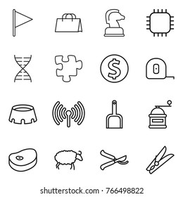 Thin line icon set : flag, shopping bag, chess horse, chip, dna, puzzle, dollar coin, measuring tape, stadium, wireless, scoop, hand mill, steake, sheep, pruner, clothespin
